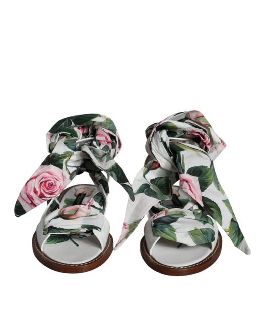 Dolce & Gabbana Green Floral Print Ankle Wrap Sandals Shoes Calf Leather Cotton
