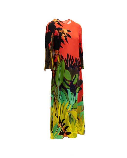 Valentino Garavani Red Tropical Print Long Sleeve Midi Dress