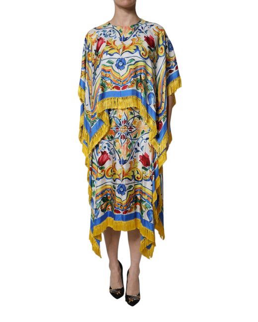 Dolce & Gabbana Blue Majolica Print Fringed Midi Dress