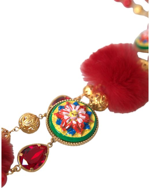 Dolce & Gabbana Red Brass Fur Crystal Carretto Chain Necklace