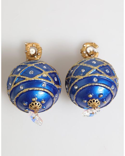 Dolce & Gabbana Blue Brass Christmas Ball Crystal Drop Clip On Earrings