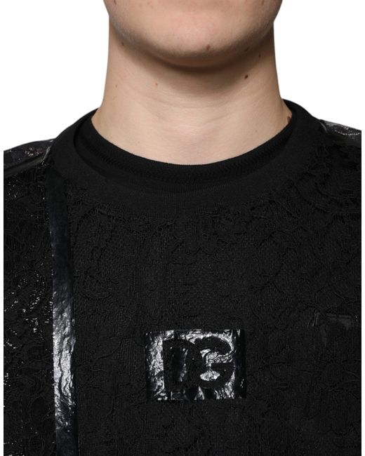 Dolce & Gabbana Black Nylon Floral Lace Crew Neck T-Shirt for men