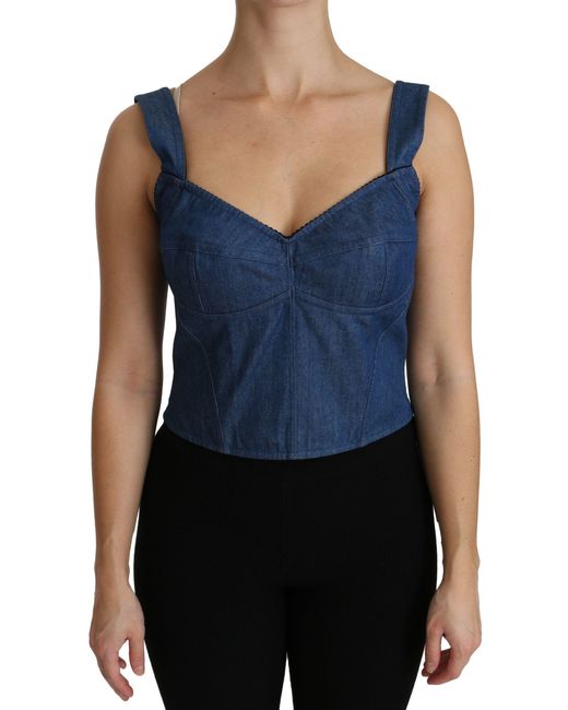 Dolce & Gabbana Blue Dolce Gabbana Sleeveless Bustier Blouse Cotton Top