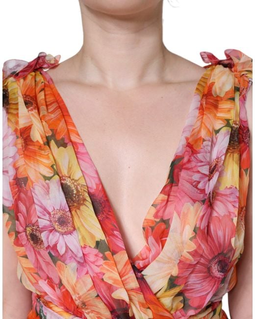 Dolce & Gabbana Red Floral Sleeveless V-Neck Midi Dress
