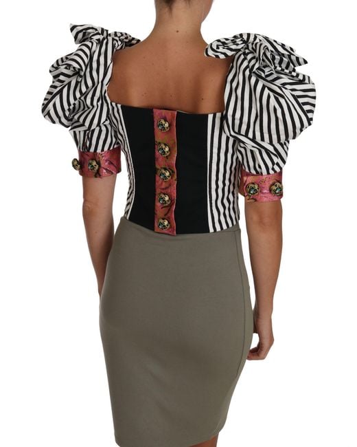 Dolce & Gabbana Dolce Gabbana White Black Striped Cropped Top Puff Sleeve Shirts