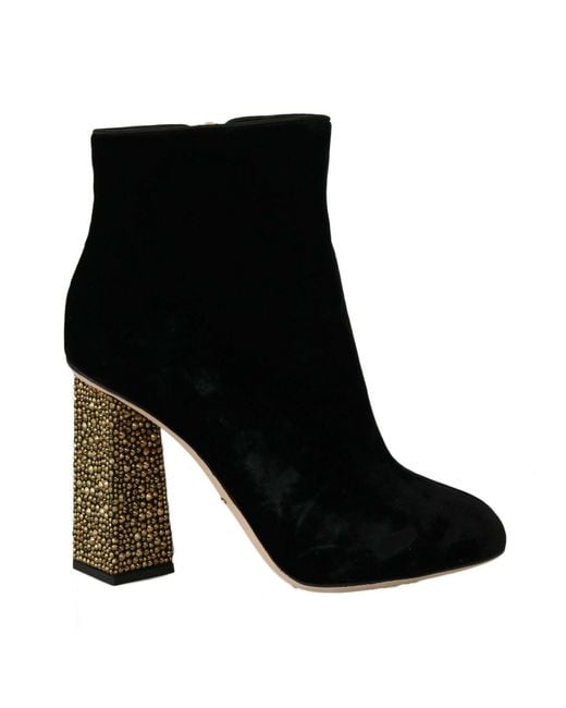 Dolce & Gabbana Black Velvet Crystal Square Heels Shoes