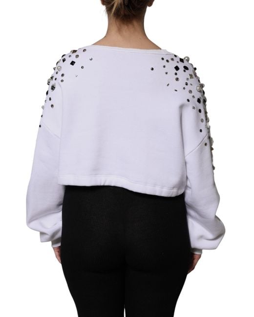 Dolce & Gabbana White Embellished Long Sleeve Cropped Sweater