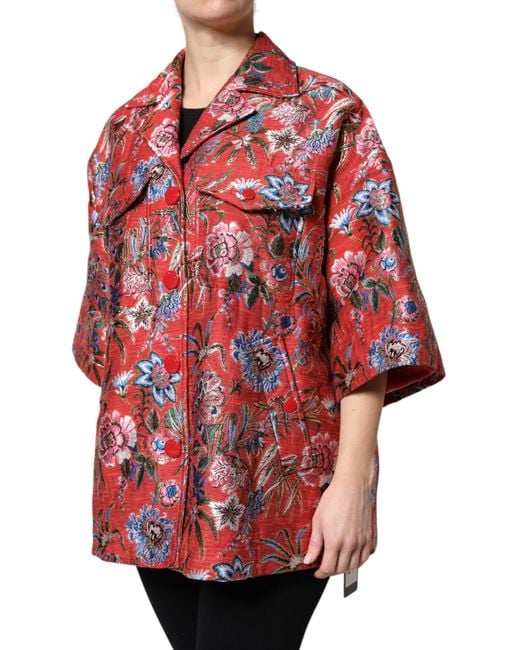 Dolce & Gabbana Red Floral Jacquard Button Down Coat Jacket