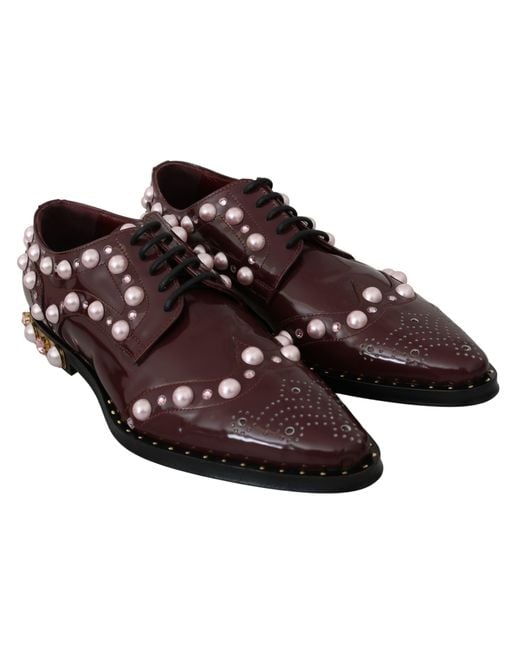 Dolce & Gabbana Multicolor Elegant Bordeaux Lace-Up Flats With Pearls And Crystals