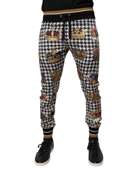 Dolce & Gabbana Black Crown Print Houndstooth Pants for men