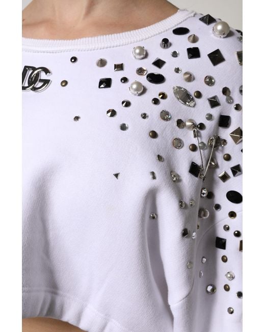 Dolce & Gabbana White Embellished Long Sleeve Cropped Sweater
