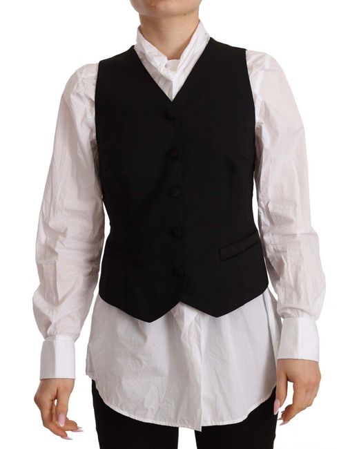 Dolce & Gabbana Black Button Down Sleeveless Vest Viscose Top