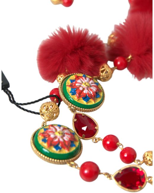 Dolce & Gabbana Red Brass Fur Crystal Carretto Chain Necklace