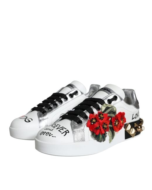 Dolce & Gabbana Black Leather Floral Studded Sneakers Shoes