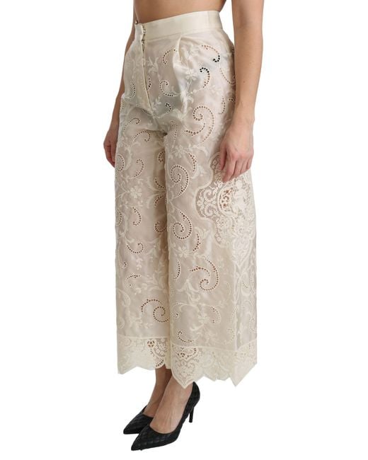 Dolce & Gabbana Natural Lace High Waist Palazzo Cropped Pants