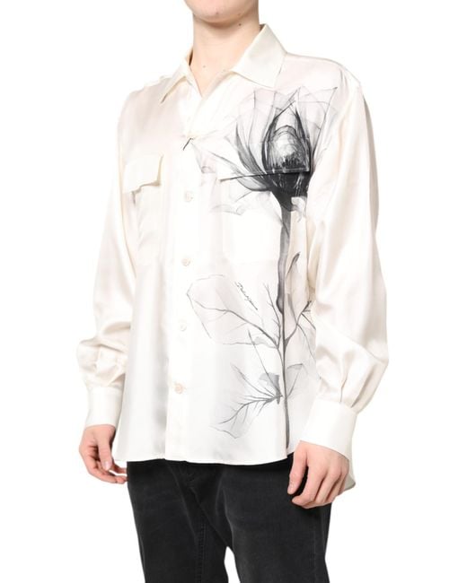 Dolce & Gabbana White Ivory Silk Long Sleeves Casual Shirt for men