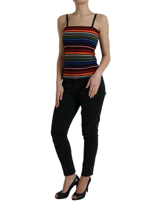 Dolce & Gabbana Black Striped Cotton Blend Tank Top With Logo Detail