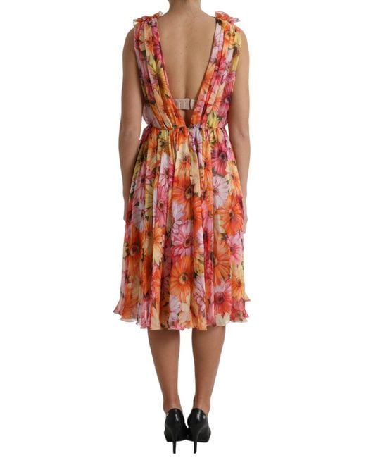 Dolce & Gabbana Red Sunflower Print Silk Midi Dress