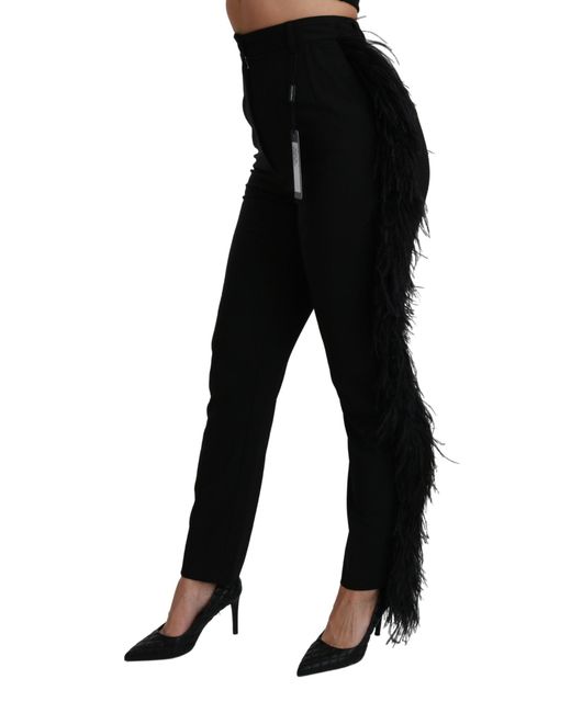 Dolce & Gabbana Black Feather Straight High Waist Wool Pants