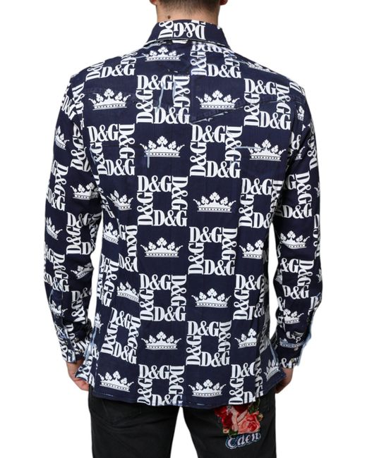 Dolce & Gabbana Blue Crown Logo Print Slim Fit Cotton Shirt for men