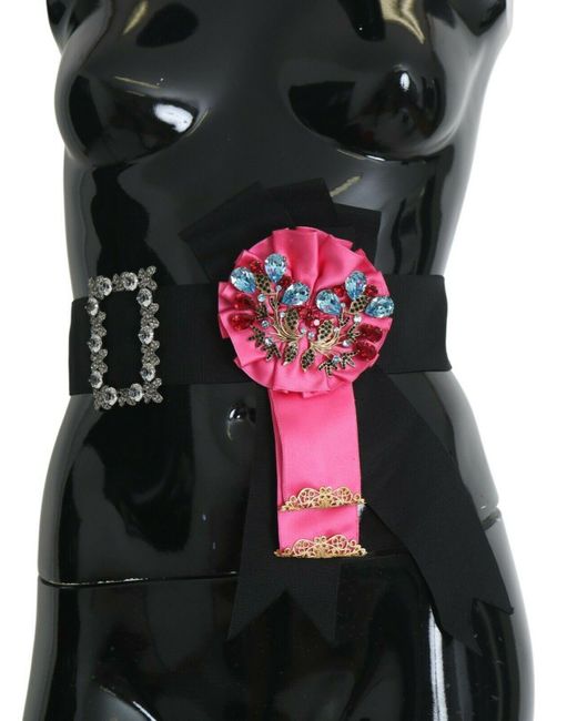 Dolce & Gabbana Black Elegant Floral Crystal Ribbon Waist Belt