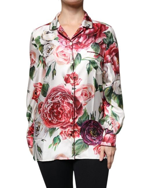 Dolce & Gabbana Gray Peony Silk Long Sleeves Collared Blouse Top