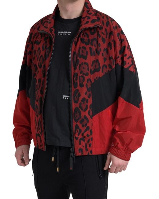 Dolce & Gabbana Red Leopard Nylon Full Zip Sweater for men