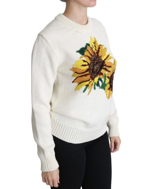 Dolce & Gabbana Gray White Floral Wool Pullover Sunflower Sweater