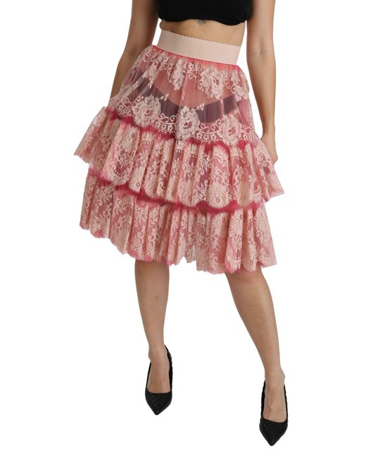Dolce & Gabbana Pink Lace Layered High Waist Knee Length Skirt