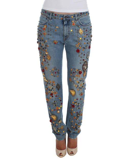 Dolce & Gabbana Blue Crystal Roses Heart Embellished Jeans