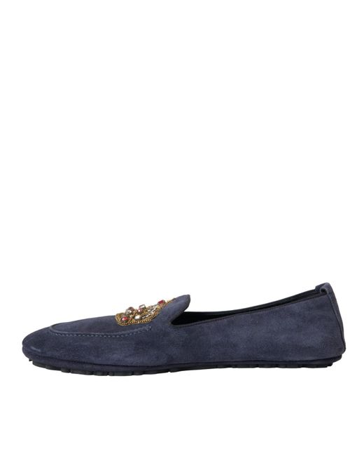 Dolce & Gabbana Blue Leather Suede Crystal Crown Loafers Shoes for men