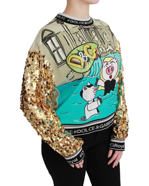 Dolce & Gabbana Gray Sequined Pig Print Sweatshirt