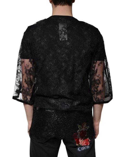Dolce & Gabbana Black Nylon Floral Lace Crew Neck T-Shirt for men