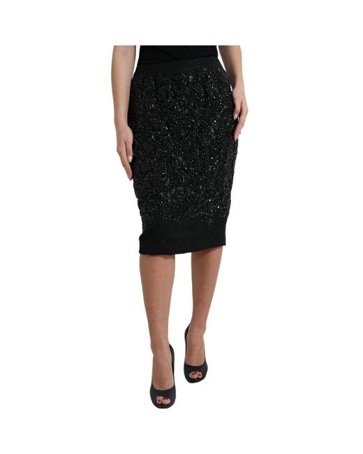 Dolce & Gabbana Black Crystal Handmade Knee Pencil Skirt