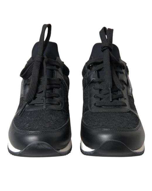 Dolce & Gabbana Black Floral Lace Leather Sneakers Shoes