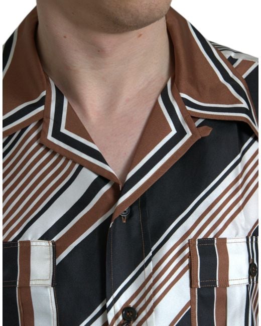 Dolce & Gabbana Black Silk Striped Short Sleeve Shirt for men