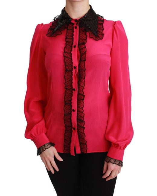 Dolce & Gabbana Red Pink Silk Black Sequin Lace Shirt Blouse
