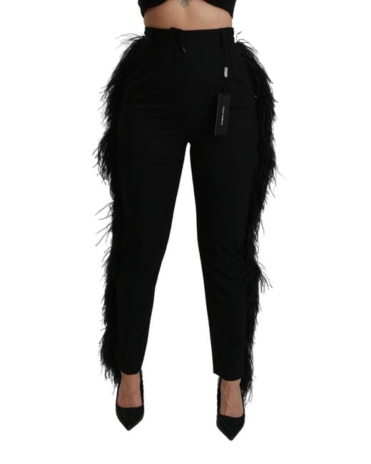 Dolce & Gabbana Black Feather Straight High Waist Wool Pants