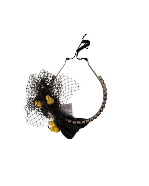 Dolce & Gabbana Silver Tiara Crystals Fruits Black Mesh Diadem Headband Silk