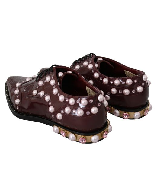 Dolce & Gabbana Multicolor Elegant Bordeaux Lace-Up Flats With Pearls And Crystals
