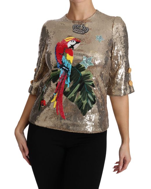 Dolce & Gabbana Brown Sequined Parrot Crystal Blouse Elastane
