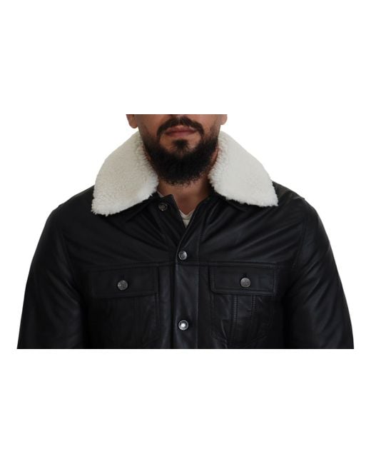 Dolce & Gabbana Black Lamb Leather Collared Coat Jacket for men