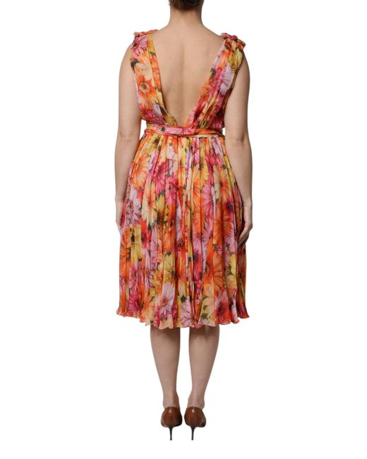 Dolce & Gabbana Red Floral Silk V-Neck Chiffon Dress