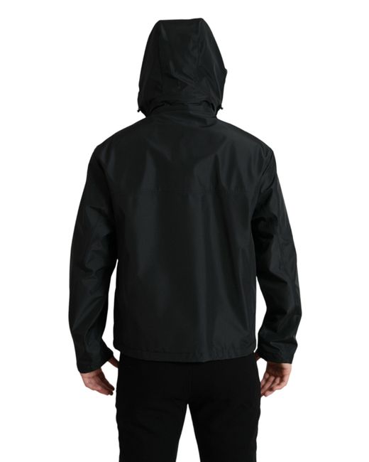 Dolce & Gabbana Black Polyester Logo Plaque Hooded Jacket for men