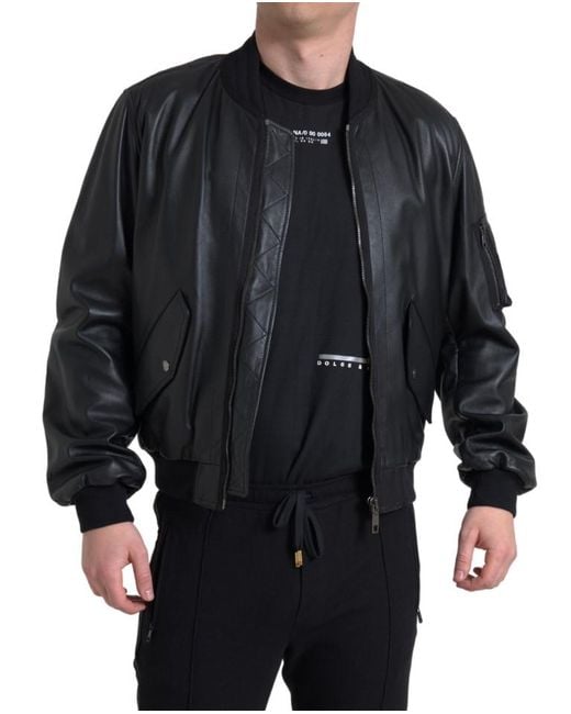 Dolce & Gabbana Black Leather Blouson Full Zip Bomber Jacket for men