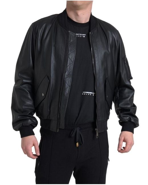 Dolce & Gabbana Black Leather Blouson Full Zip Bomber Jacket for men