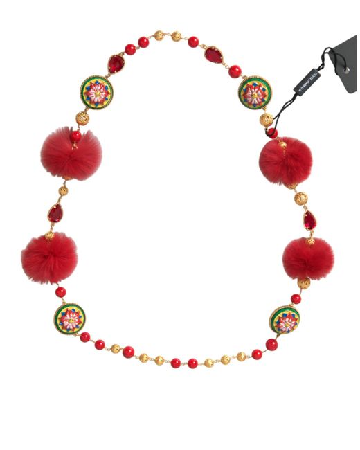 Dolce & Gabbana Red Brass Fur Crystal Carretto Chain Necklace