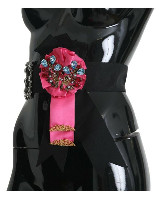 Dolce & Gabbana Black Elegant Floral Crystal Ribbon Waist Belt
