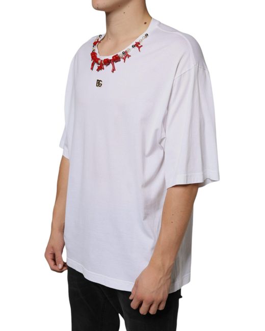 Dolce & Gabbana White Cotton Necklace Embellished T-Shirt for men