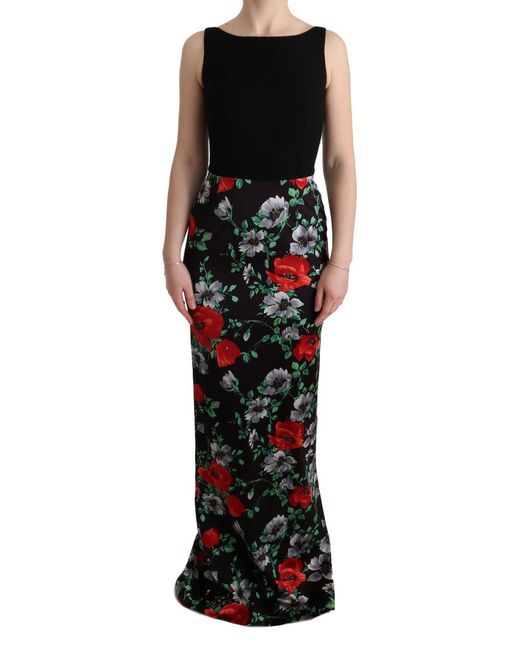 Dolce & Gabbana Black Floral Print Stretch Sheath Long Dress